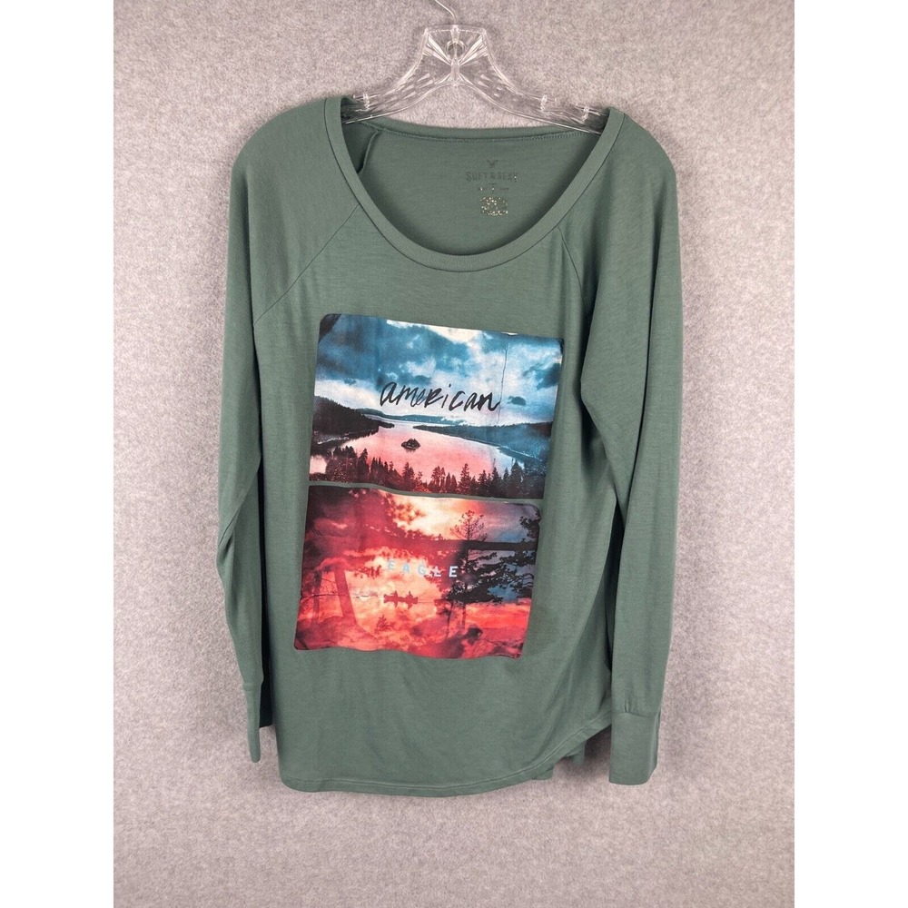 American‎ Eagle Shirt Womens XL Green Long Sleeve Scoop Neck Sunset Trees Sun